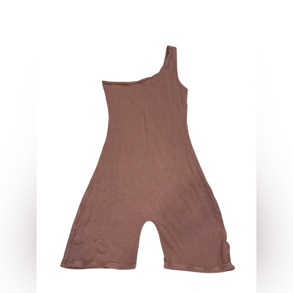 Naked Wardrobe Ribbed One-Shoulder Tan Mocha Brown Jumpsuit Romper Size Large